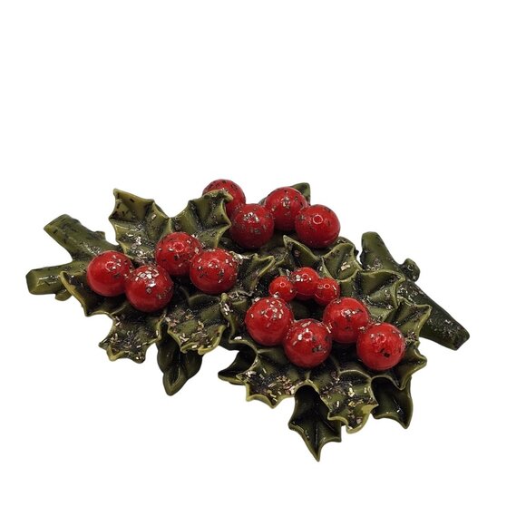 Vtg Christmas Poinsettia Brooch Pin 50s Celluloid Green Red Plastic HollyBerry - Picture 2 of 8